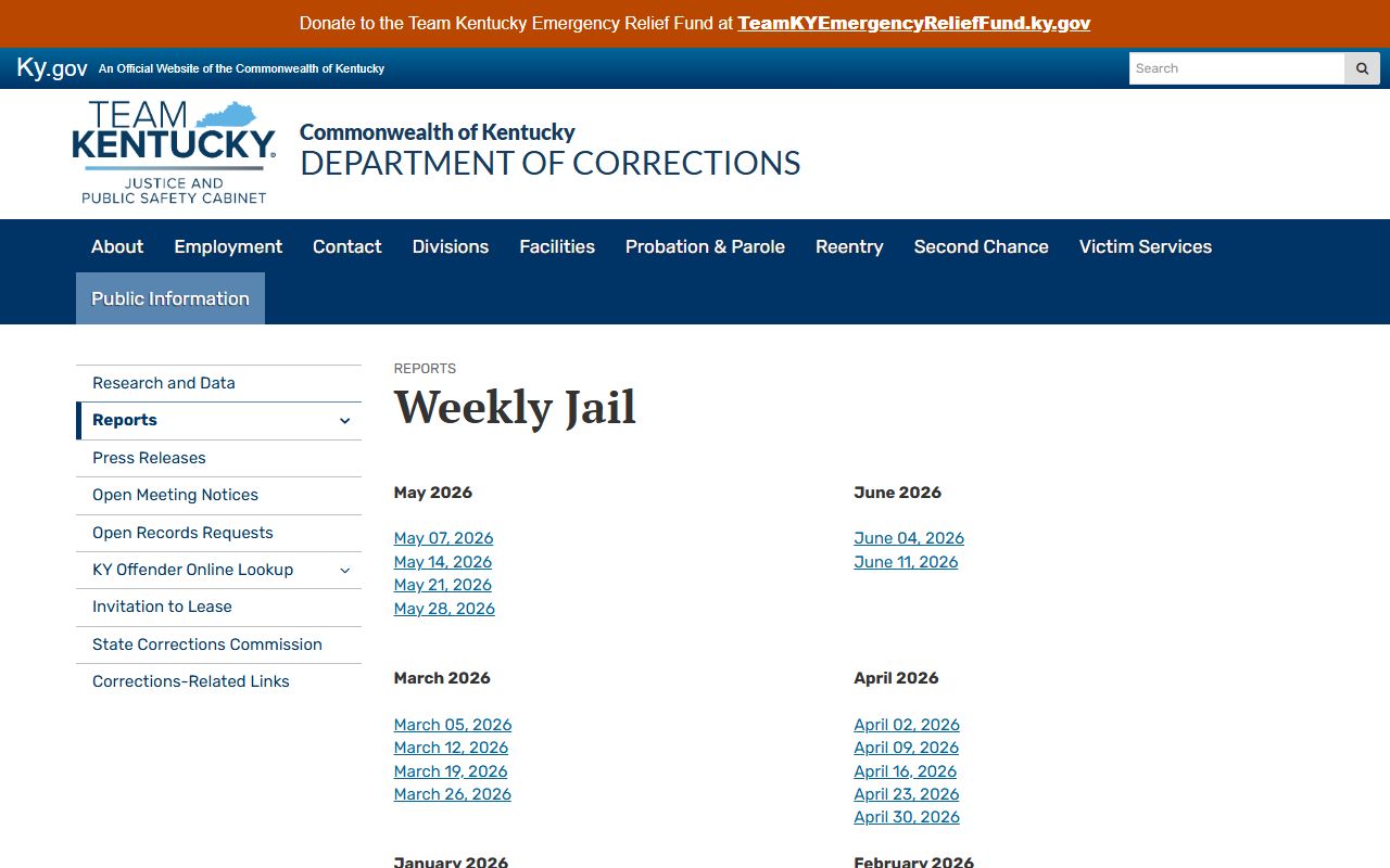 Kentucky DOC weekly jail report page for Taylor County inmate population research